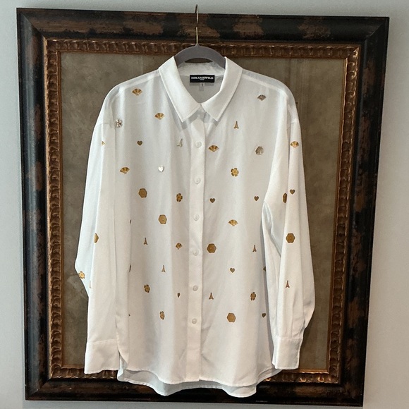 Karl Lagerfeld Tops - NWOT Karl Lagerfeld White Button- Down Shirt w/ Gold Metallic Images